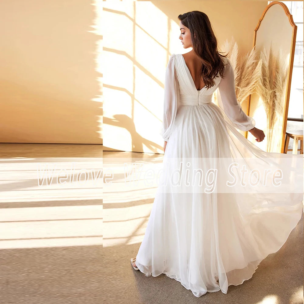 Cheap Chiffon Wedding Dress Long Sleeve Plus Size For Woman Floor Length V Neck Open Back Simple Bridal Gown For Bride Vestidos