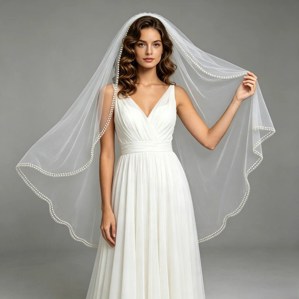 Fingertip Length Pearl Wedding Veil With Comb - Single Layer Tulle Bridal Veil Scalloped Beaded Edge for Bride Accessories G200