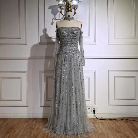 Luxury Caramel Off Shoulder Beaded Mermaid Evening Dress Long Sleeves LA73053