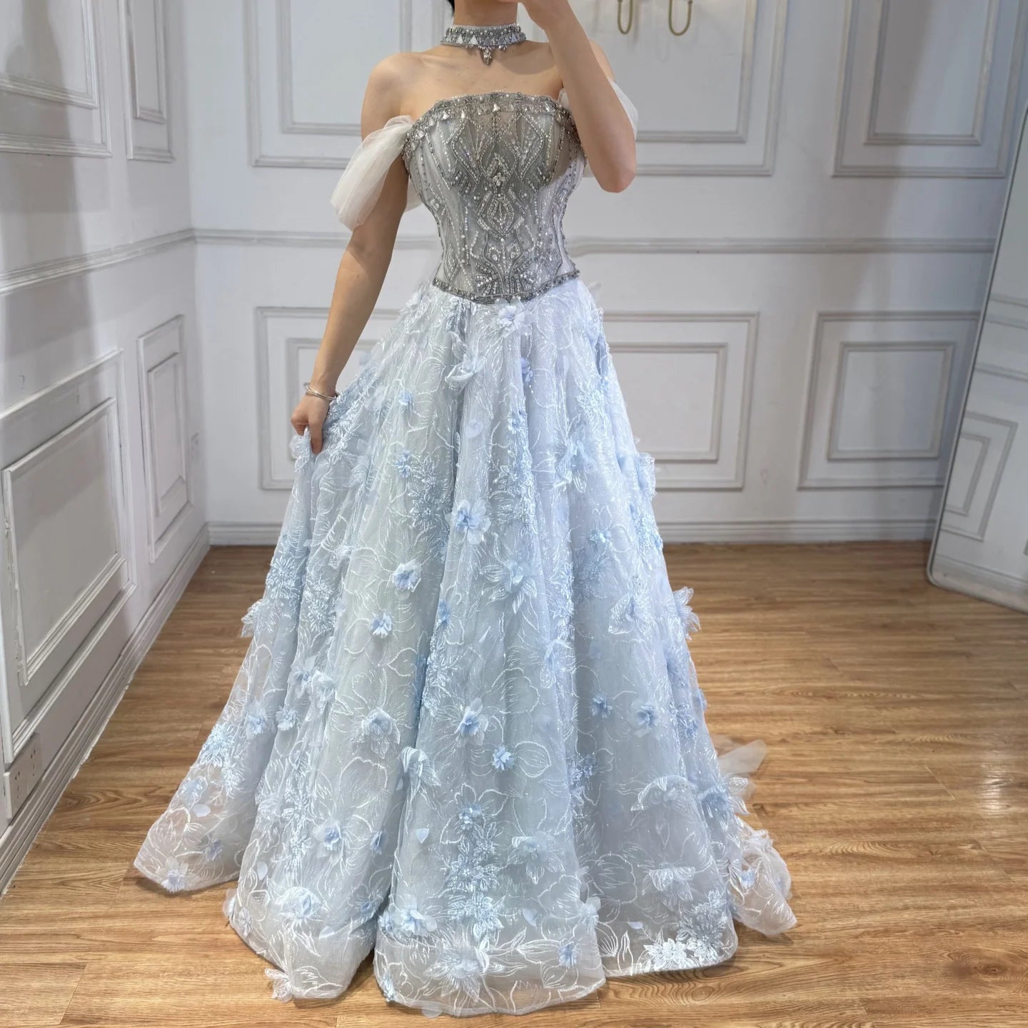 Zapdress Blue A-Line Evening Dress Beaded 3D Floral Appliques Off Shoulder for Women Wedding Party 2026 Customized (ZD17387)