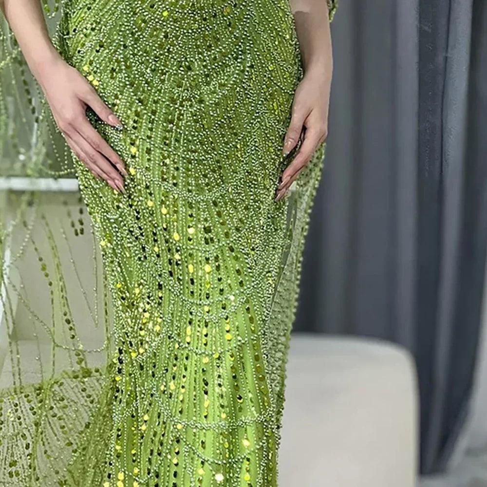 Elegant Dubai Sage Green Mermaid Evening Dress with Cape Sleeves Beaded Formal Gown Zapdress 2025 Customized DLA72160A (ZD17330)