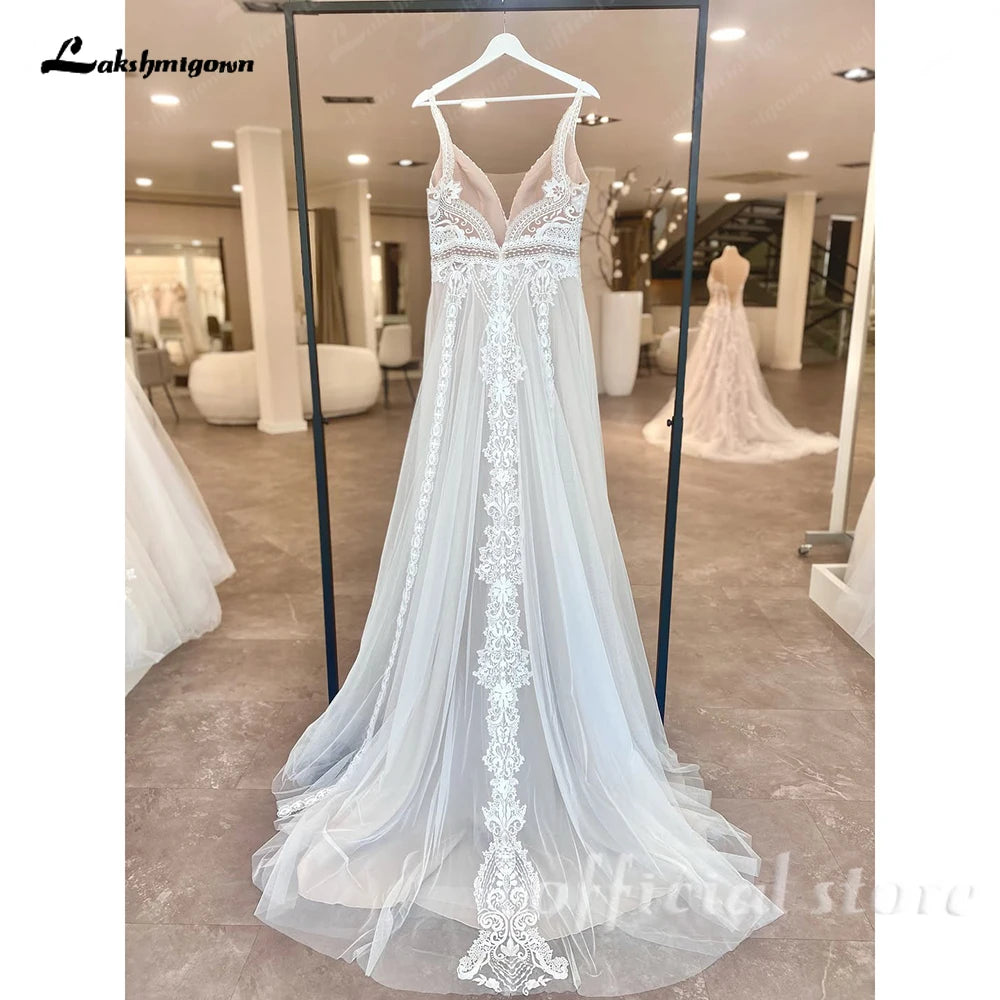 ZapDress Lace Boho Wedding Dress Sexy Beach V Neck Open Back Chic Appliques Spaghetti Straps Bridal Gowns Customized