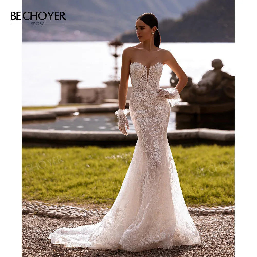 Sleeveless Mermaid Wedding Dress 2026 Sweetheart Lace Backless Bride Gown Princess BECHOYER RY147 Customized Vestido De Noiva