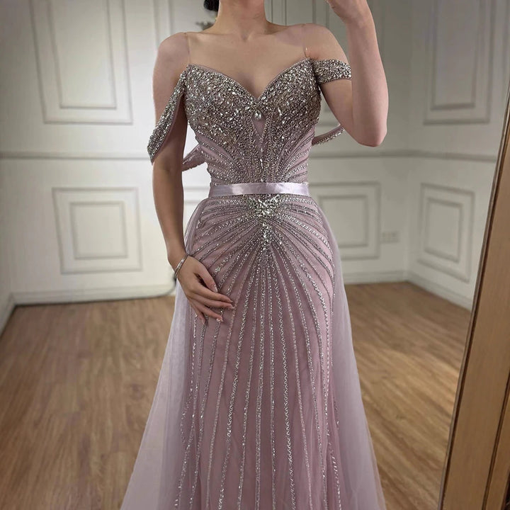 Serene Hill 2026 Nude Luxury Beaded Mermaid Off Shoulder Evening Dress Formal Party Gowns for Women Customized DLA73128