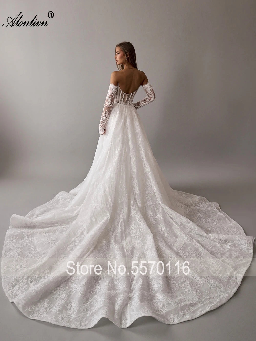 Alonlivn Customize Made Beauty Lace Fitted Beaded 2 In 1 Mermaid Wedding Gowns Trumpet Removable Train Bridal Gowns