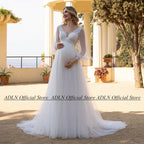 White Ivory Wedding Dress for Pregnant Bride Customized Puff Sleeve V Neck See Through Empire Bridal Gown Lace-up Robe De Mariee