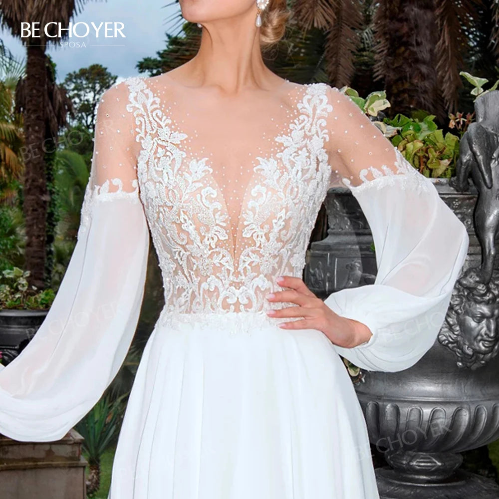 Wedding Dress Long Sleeve A-Line Appliques Beaded Bride Gown Beach Princess BECHOYER HB78 Plus Size Customized Vestido de Noiva