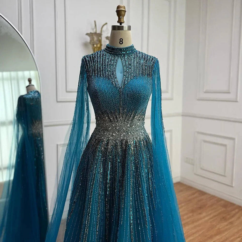 Elegant Modest Blue Beaded Evening Dress with Cape Sleeves Dubai Gown Zapdress 2025 Customized DLA73059