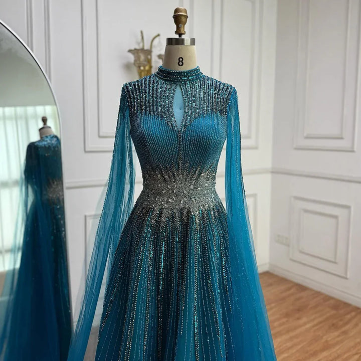 Elegant Modest Blue Beaded Evening Dress with Cape Sleeves Dubai Gown Zapdress 2025 Customized DLA73059