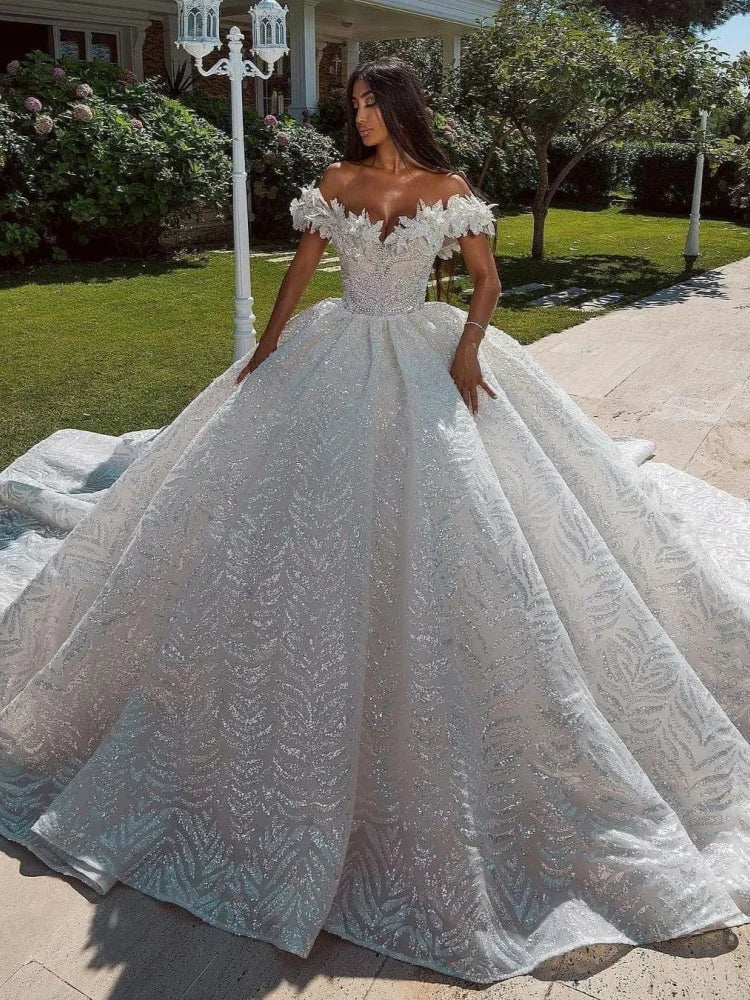 Custom 2026 Luxury Off Shoulder Ball Gown Wedding Dress Elegant 3D Floral Glitter Bridal Gown Plus Size Vestido De Novia
