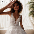 ZapDress V Neck Sleeveless Wedding Dresses For Women Beads A Line Ivory Lace Romantic Bride Boho Bridal Gown Customized