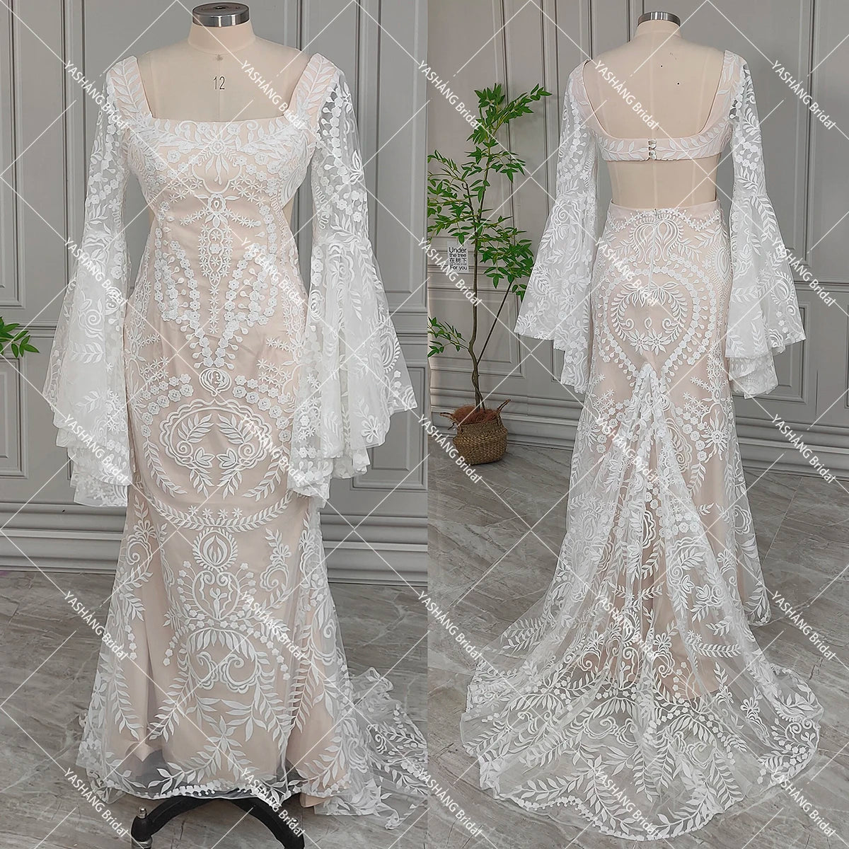Boho Long Batwing Sleeves Lace Wedding Dress Drop Ship Customized Mermaid Rustic Beach 2026 Square Neck Open Back Bridal Gowns