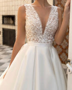 SoDigne Country Wedding Dresses A-line Wedding Gown V-Neck Bride Dress Appliques Satin Bridal Gown Vestido De Novia Customized