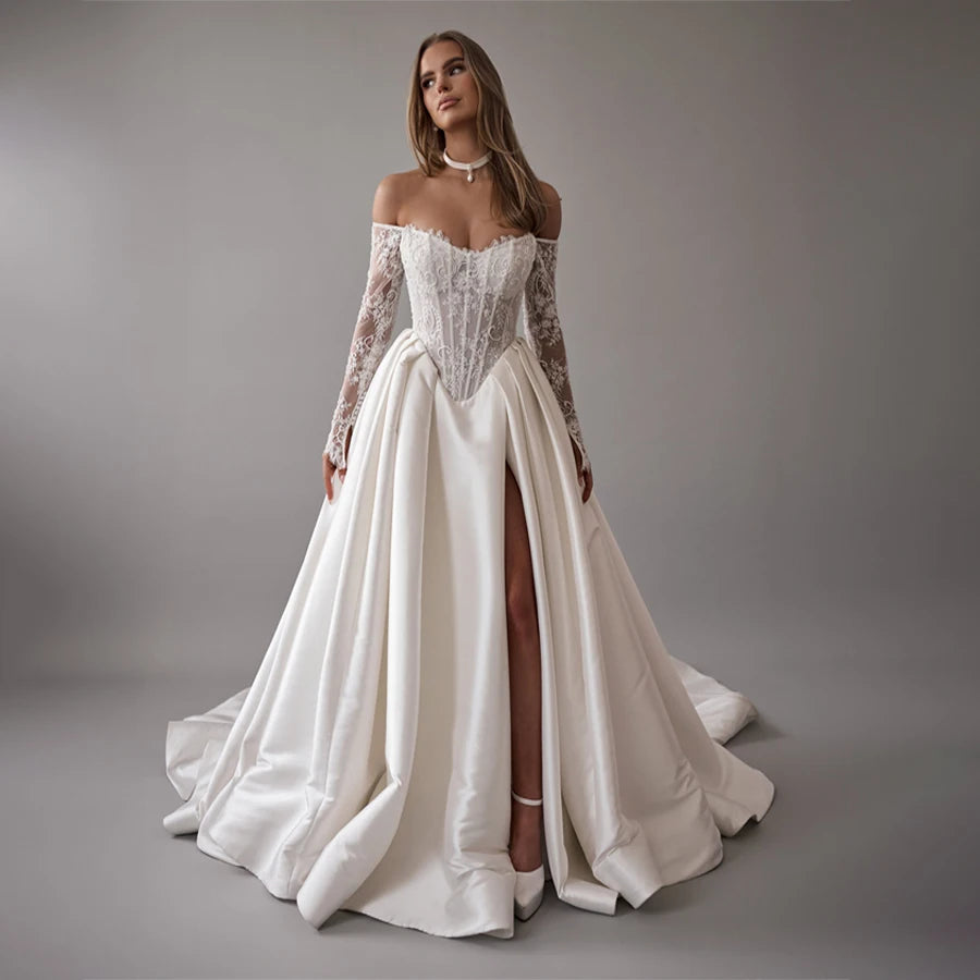 Customized Lace For Sweetheart And 3/4 Sleeve A-Line Satin Skirt Wedding Dress Backless Zipper Bridal Gown Robe De Mariée