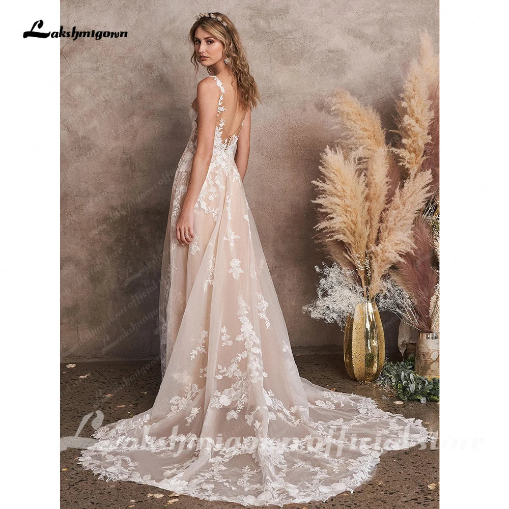 ZapDress Champagne A-Line Wedding Dresses Appliques V-neck Backless Robe Mariee Boho Lace Bridal Gowns  Customized