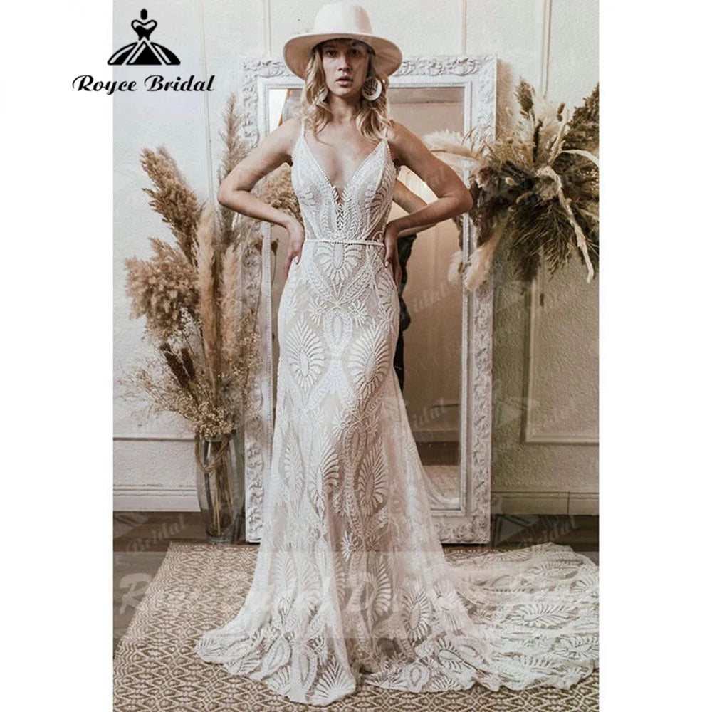 Bohemian Beach Lace Sleeveless Wedding Dress Open Back Mermaid Train Brides Gown Elegant Vestido De Novia Boda 2026 Customized