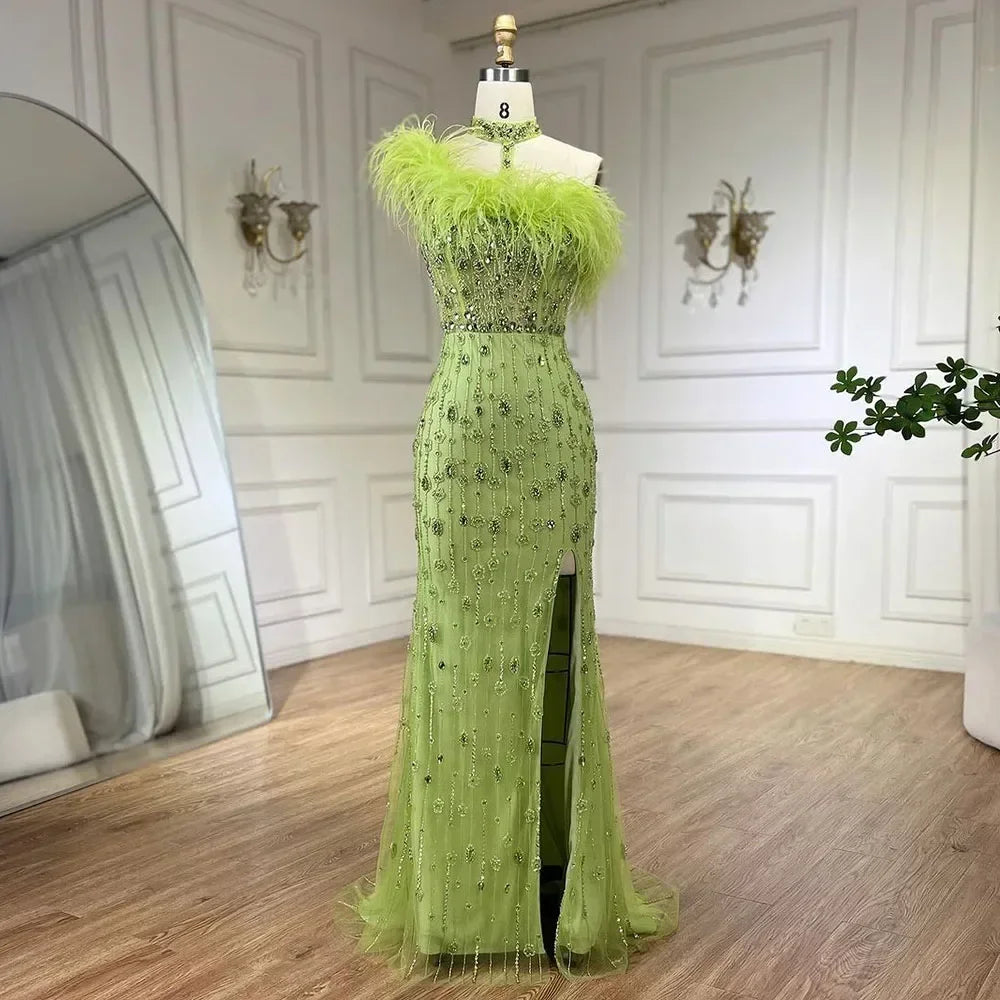 Zapdress Customized 2025 Gray Halter Feathers Beaded Mermaid High Split Evening Dresses Formal Party Gowns for Women (ZD17379)