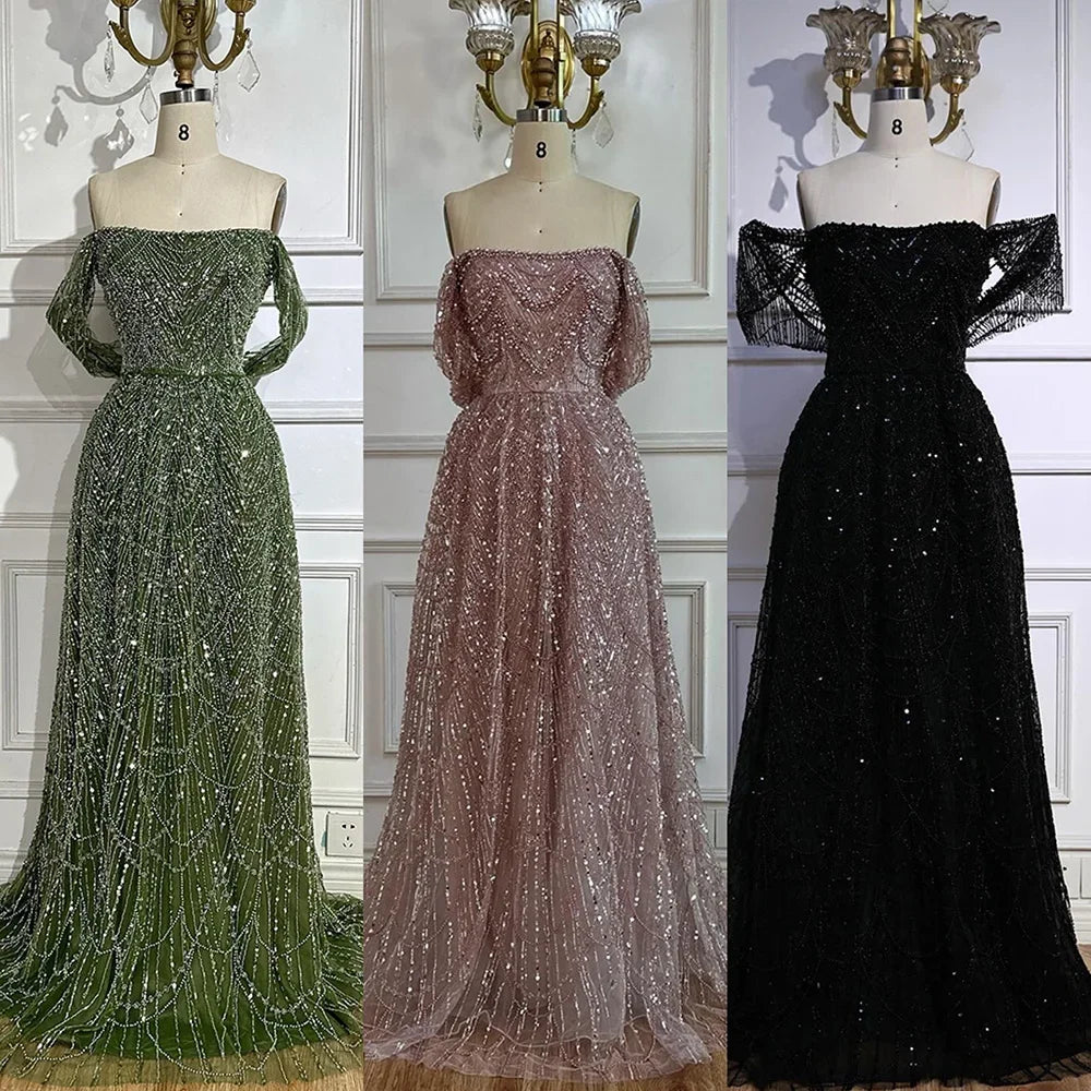 Zapdress 2025 Customized Dubai Olive Green A Line Off Shoulder Evening Dresses With Pearl Beaded Design For Party DLA72738A (ZD17321)