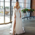 Beach Wedding Dresses Sexy V-Neck Spaghetti Straps High Side Slit Bride Dress 2025 Lace Appliques Beaded Ribbons Bridal Gown New