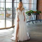 Beach Wedding Dresses Sexy V-Neck Spaghetti Straps High Side Slit Bride Dress 2025 Lace Appliques Beaded Ribbons Bridal Gown New
