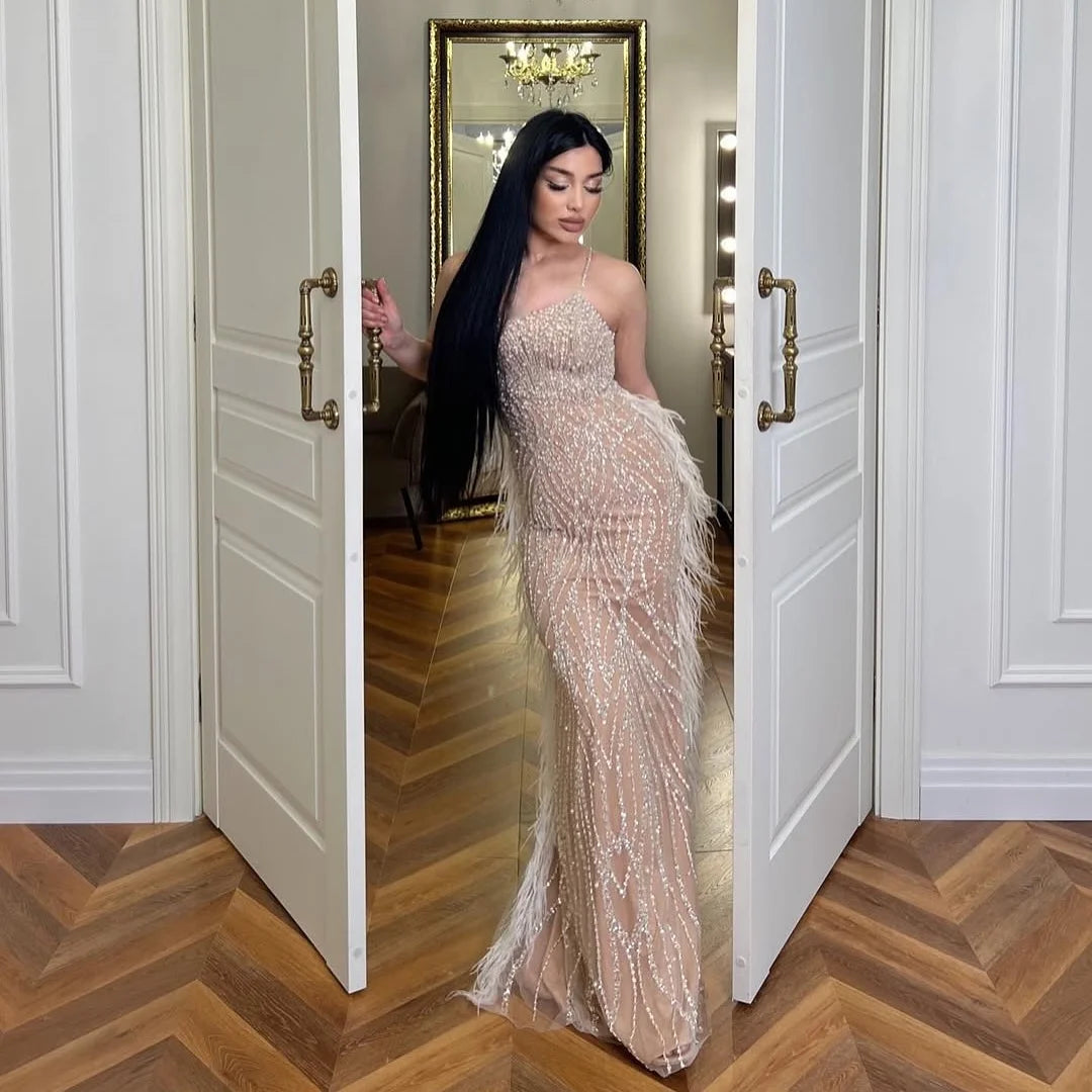 Zapdress White Nude Spaghetti Strap Feathers Beaded Mermaid Evening Dress Party Gown for Women DLA72823 Customized (ZD17377)