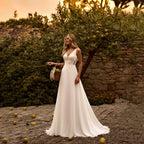 Boho A Line Chiffon Wedding Dress Sleeveless Deep V Lace Sheer Back Buttons Sweep Train Beach Bridal Gown Custom Vestido Novia