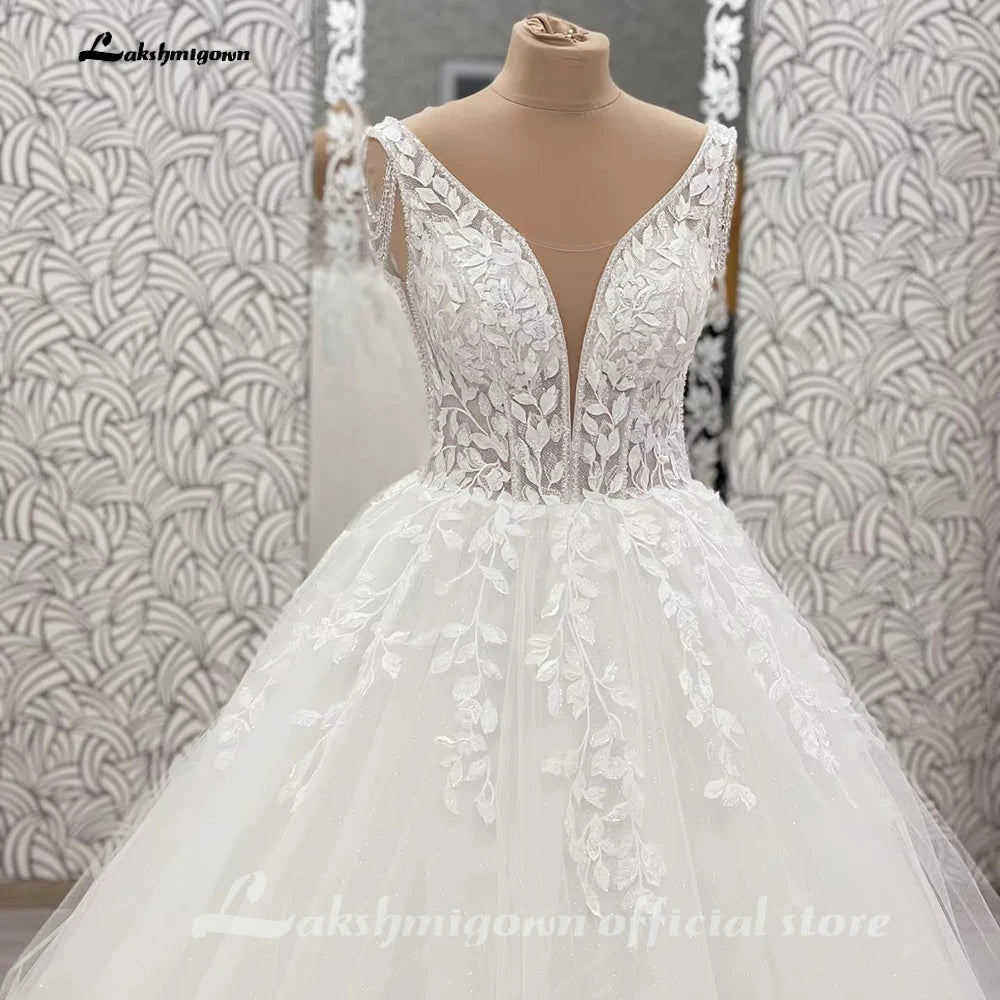 ZapDress V-Neck Wedding Dress with Beads Tassel Shoulders Illusion Long Bridal Dresses Lace Up Back Customized