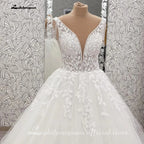 ZapDress V-Neck Wedding Dress with Beads Tassel Shoulders Illusion Long Bridal Dresses Lace Up Back Customized