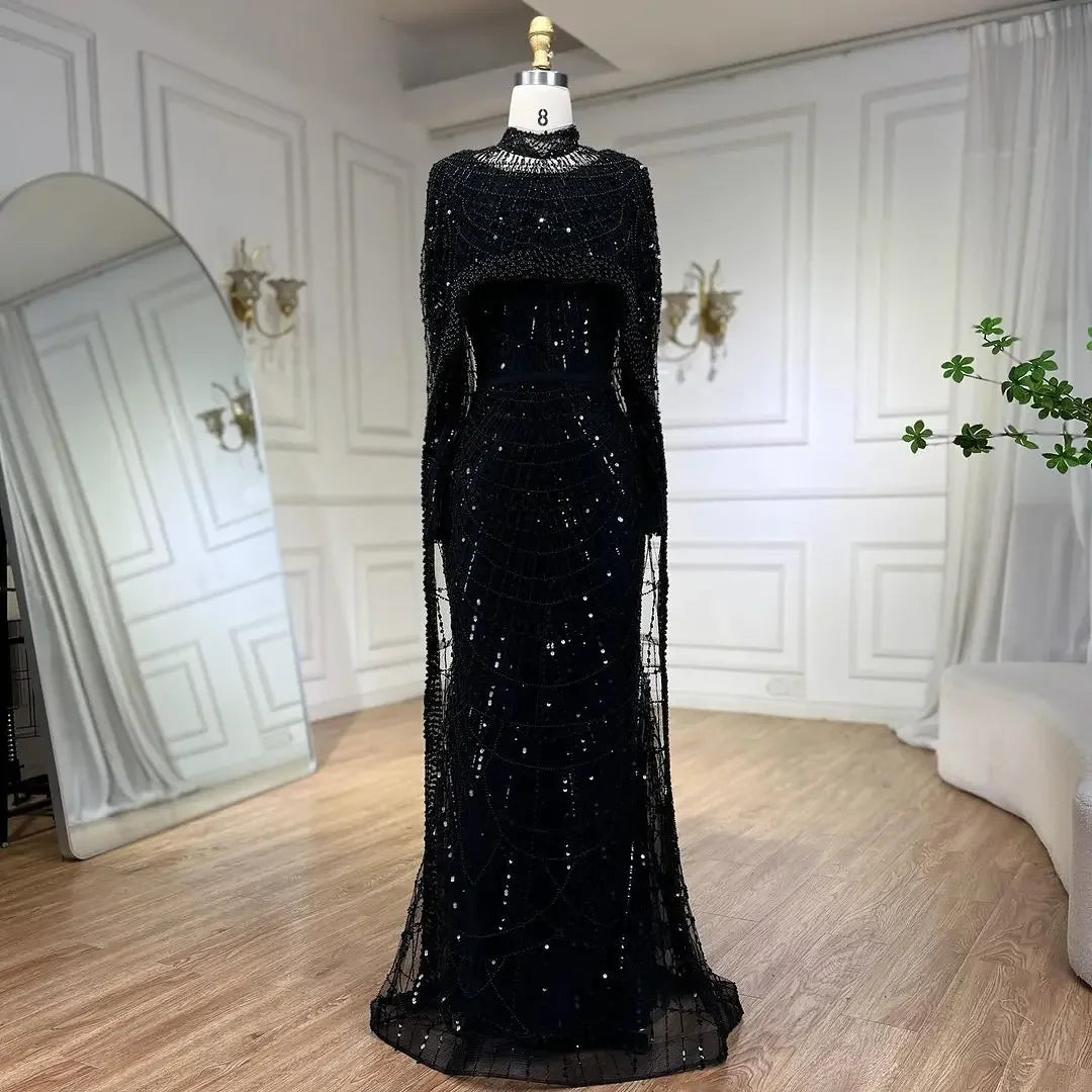 Serene Hill Customized Muslim Hijab Sage Green Long Sleeves Evening Dresses with Cape Dubai 2024 Party Gowns For Women LA72032M
