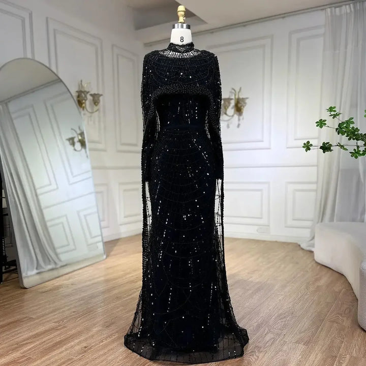Serene Hill Customized Muslim Hijab Sage Green Long Sleeves Evening Dresses with Cape Dubai 2024 Party Gowns For Women LA72032M