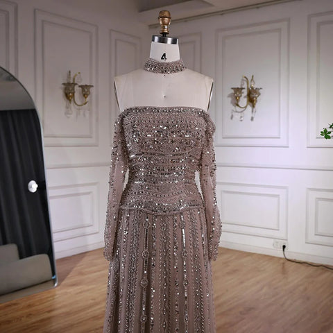 Luxury Caramel Off Shoulder Beaded Mermaid Evening Dress Long Sleeves LA73053