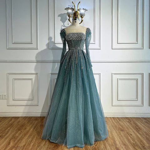 Luxury Caramel Sparkly A-Line Evening Dress with Long Sleeves LA72991