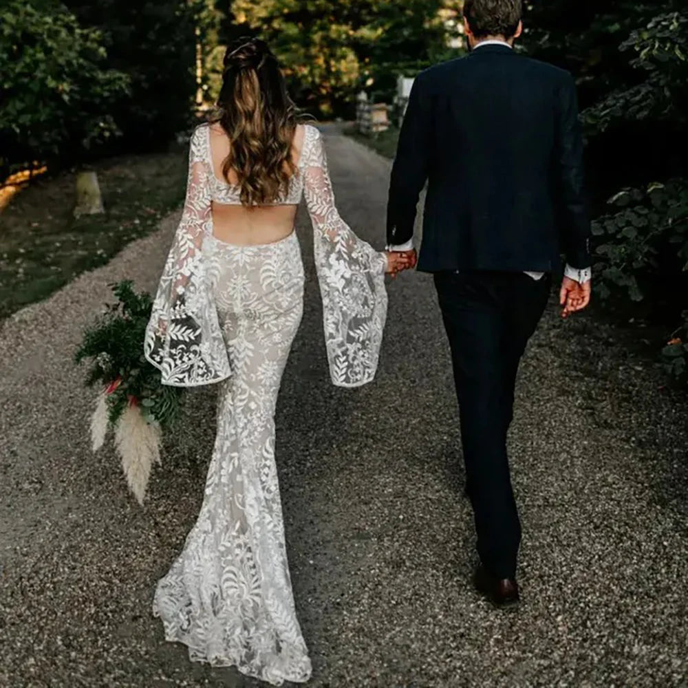 Boho Long Batwing Sleeves Lace Wedding Dress Drop Ship Customized Mermaid Rustic Beach 2026 Square Neck Open Back Bridal Gowns