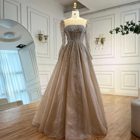 Luxury Caramel Sparkly A-Line Evening Dress with Long Sleeves LA72991