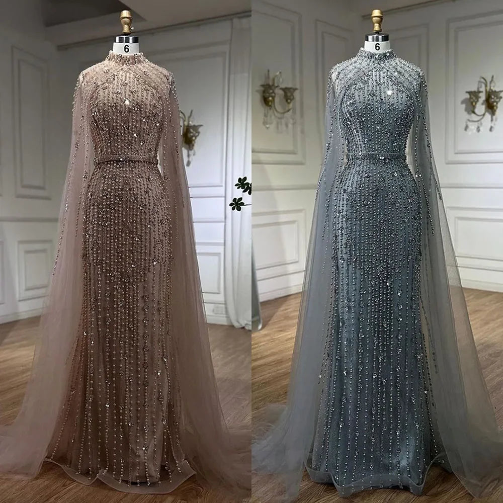 Dubai Grey Mermaid Cape Sleeves Pearls Beaded Elegant Evening Dresses Gowns 2025 Wedding Party DLA72372 Customized (ZD17362)
