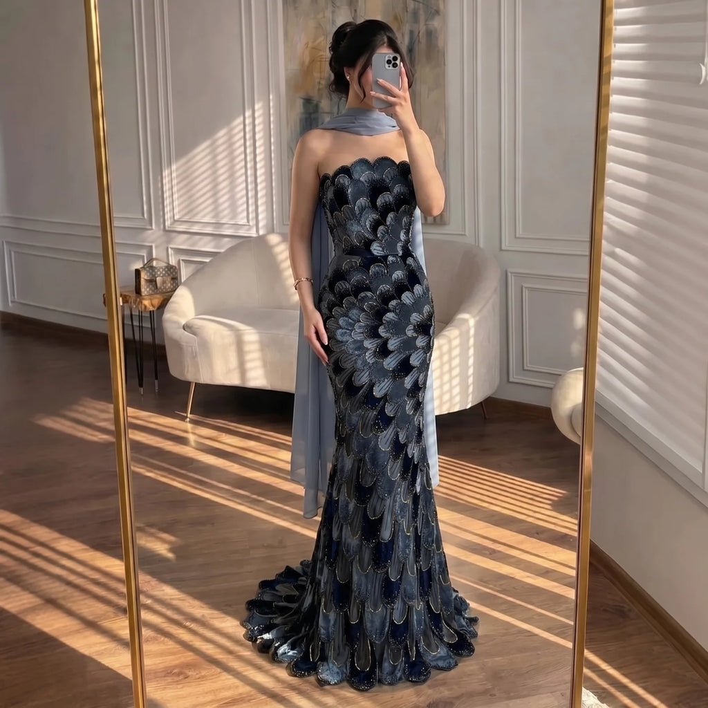 Serene Hill 2026 Black Strapless Mermaid Evening Dress with Scarf Elegant Formal Party Gowns for Women DLA73607 Customizedf