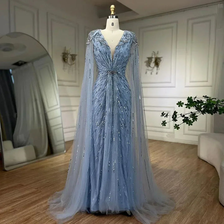 Serene Hill V-neck Turquoise Beaded Mermaid Evening Dress with Cape Plus Size Party Gowns for Women DLA72168A Customized