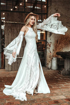 Customized Cold Shoulder Bell Sleeve Wedding Dress Bohemian Side Slit Bridal Dress with Train Bridal Gown for Wedding Occasions