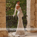 Lceland Poppy Customized Boat Neck Illusion Lace Mermaid Wedding Dresses Full Sleeves Beaded Bridal Gowns