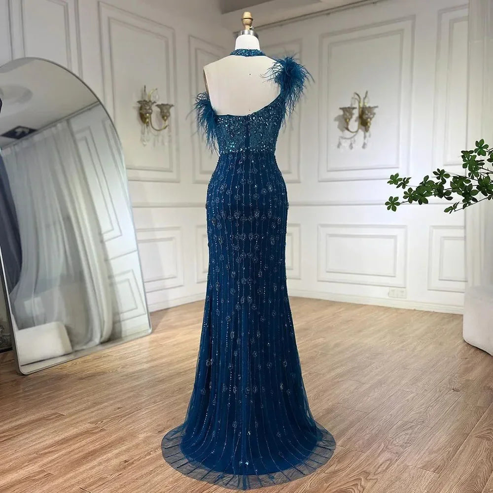 Zapdress Customized 2025 Gray Halter Feathers Beaded Mermaid High Split Evening Dresses Formal Party Gowns for Women (ZD17379)
