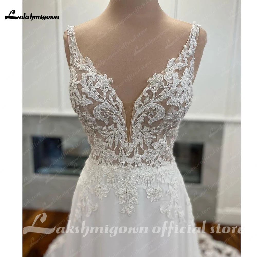 Luxury Civil Chiffon Wedding Gowns Customized Open Back Bridal Boho Long Wedding Dresses Lace Appliques V Neck Vestido Boda