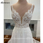 Luxury Civil Chiffon Wedding Gowns Customized Open Back Bridal Boho Long Wedding Dresses Lace Appliques V Neck Vestido Boda