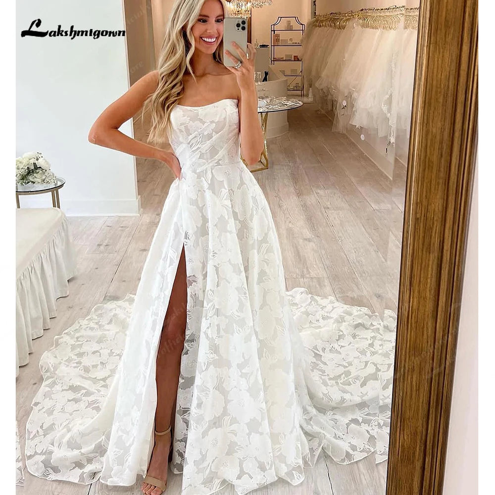 ZapDress Lace Wedding Dress for Women Side Slit A-line Bride Wedding Gowns Vestidos De Novia Customized