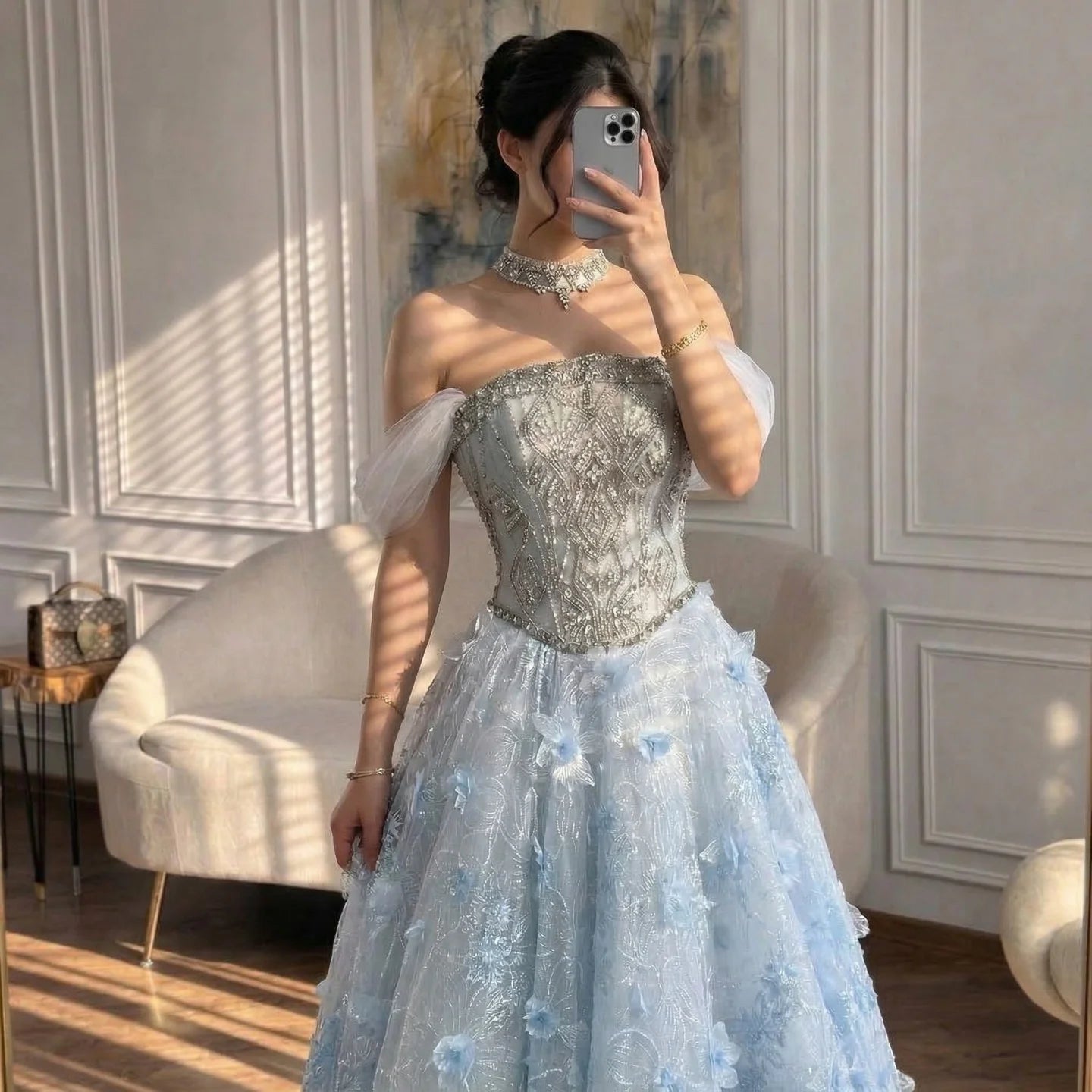 Zapdress Blue A-Line Evening Dress Beaded 3D Floral Appliques Off Shoulder for Women Wedding Party 2026 Customized (ZD17387)