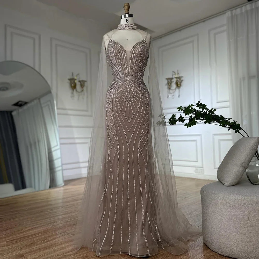 Zapdress 2025 Customized Dubai Caramel Mermaid Arabic Evening Dresses with Beaded Cape Sleeves for Party (ZD17351)