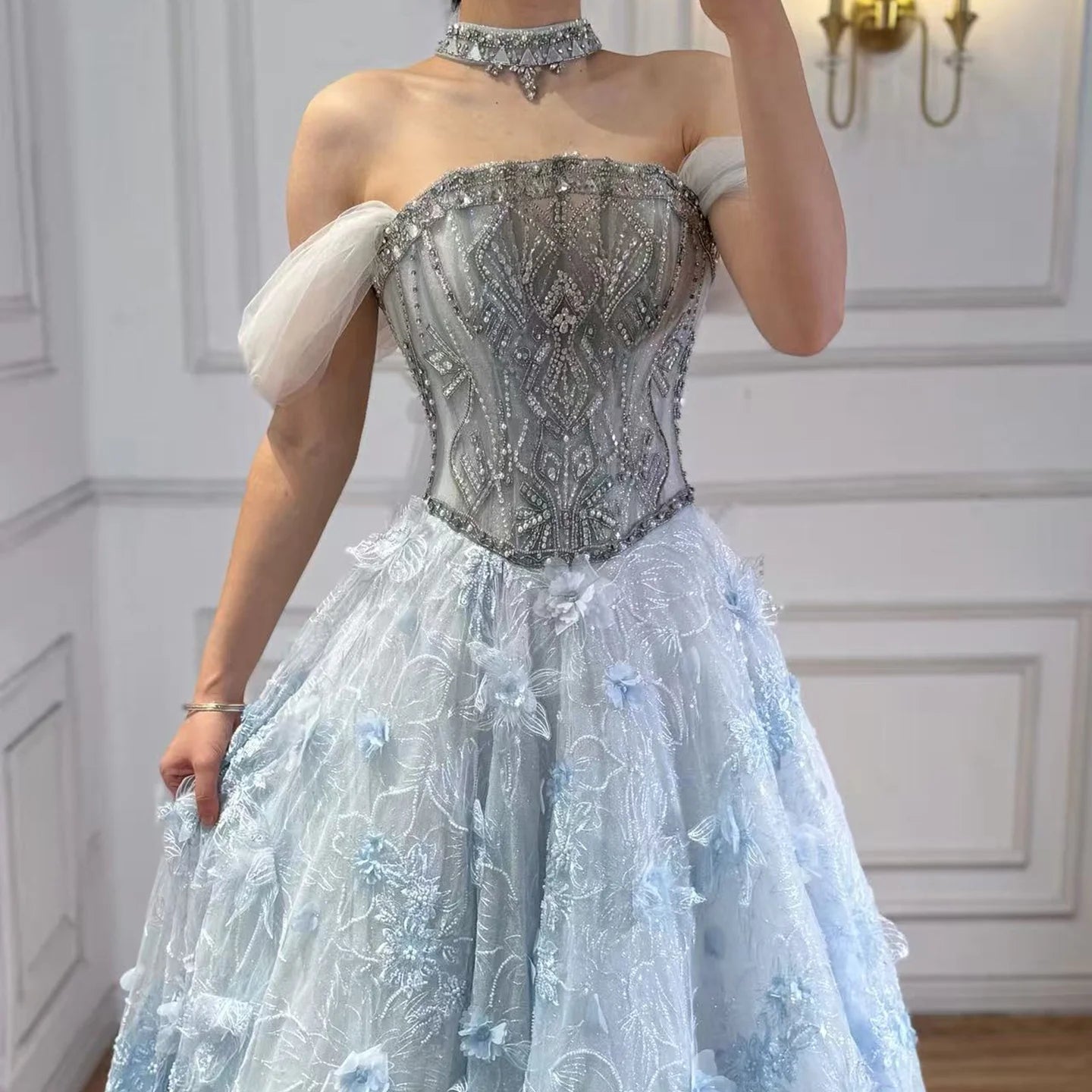 Zapdress Blue A-Line Evening Dress Beaded 3D Floral Appliques Off Shoulder for Women Wedding Party 2026 Customized (ZD17387)