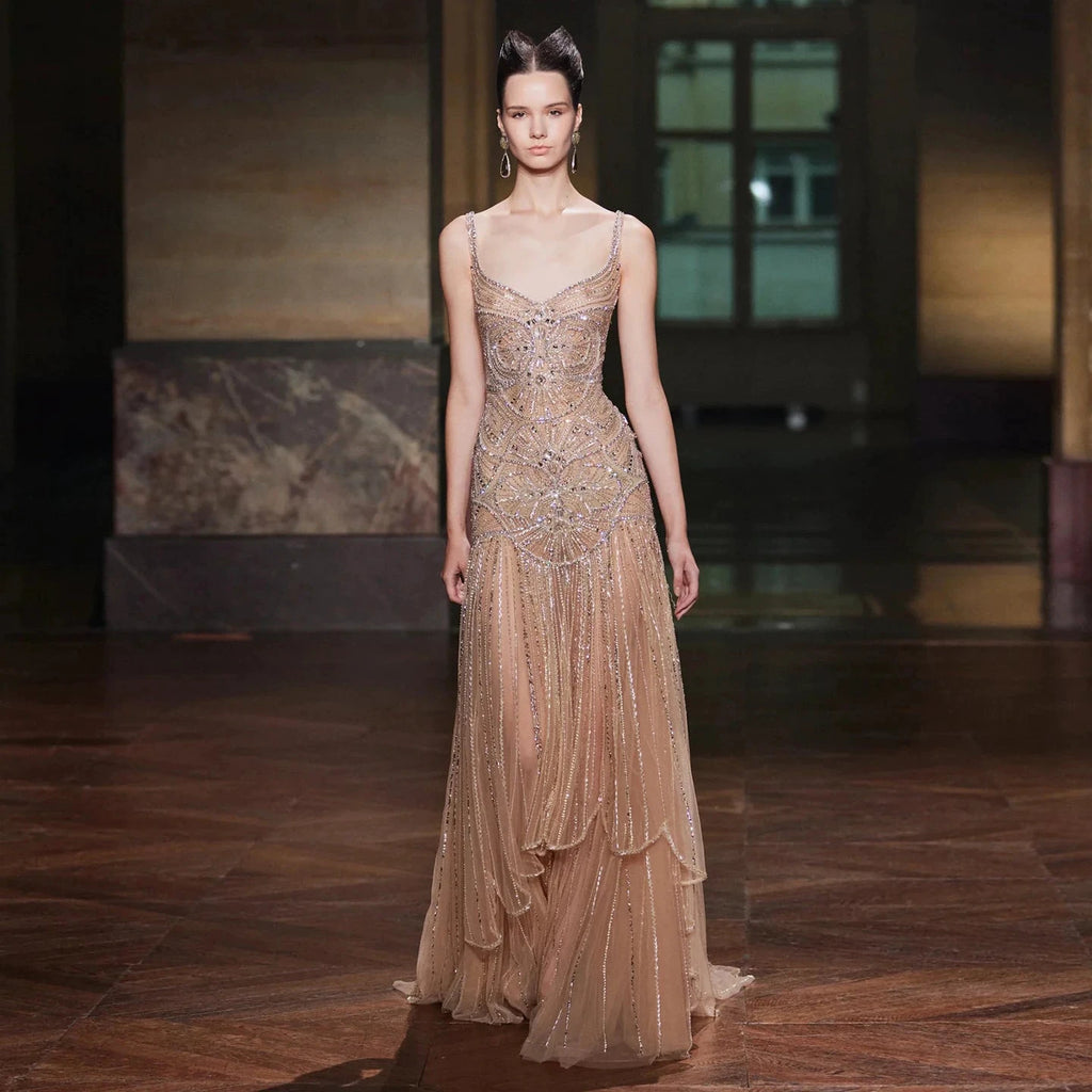 Champagne Beaded Mermaid Evening Dress Luxury Saudi Wedding Gown Customized by ZAPDRESS
