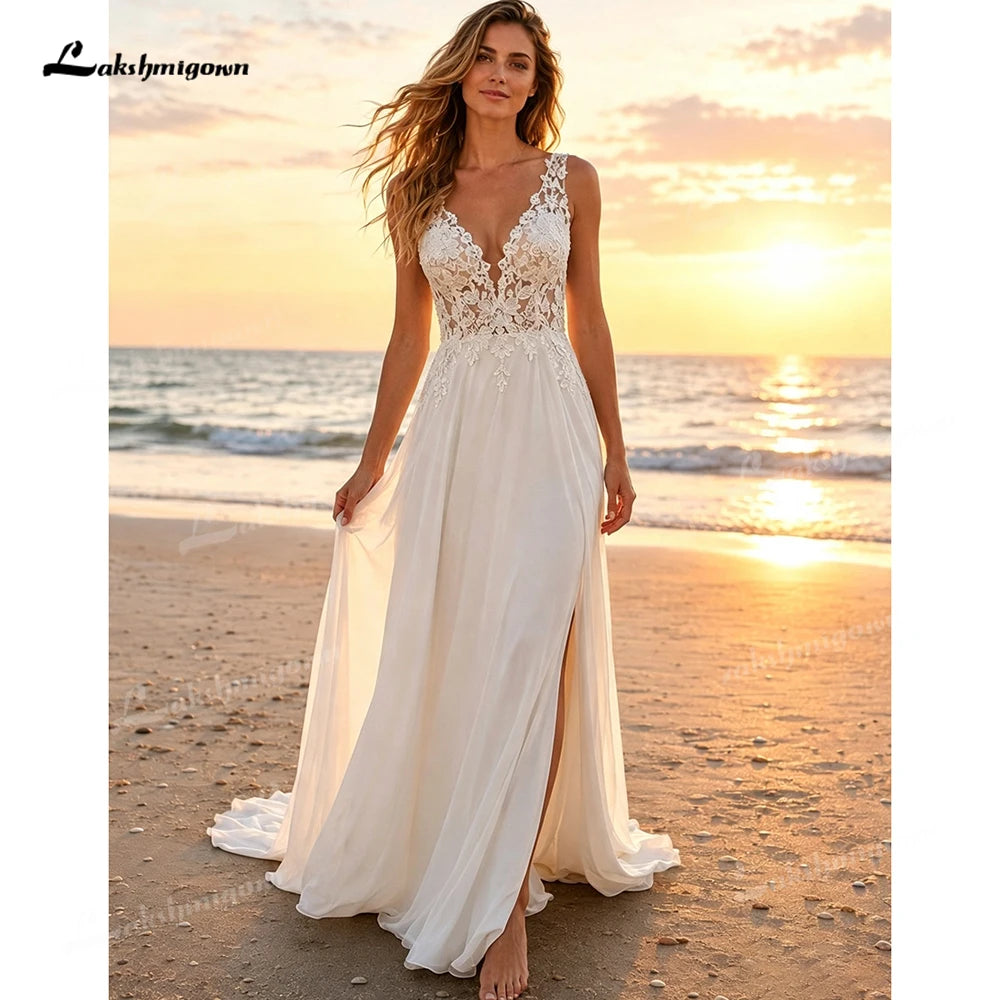 Elegant Deep V Lace Boho Wedding Dress Chiffon A Line Bridal Gowns High Split Low Back Wedding Gowns Vestido De Novia Customized