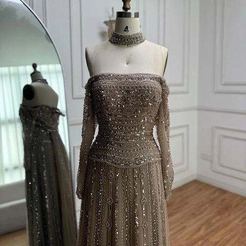 Luxury Caramel Off Shoulder Beaded Mermaid Evening Dress Long Sleeves LA73053