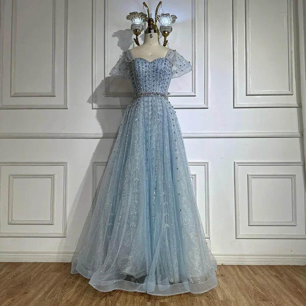 Serene Hill 2025 Customized Dubai Nude A-Line Beaded Backless Evening Dresses Gowns for Wedding Party DLA72834